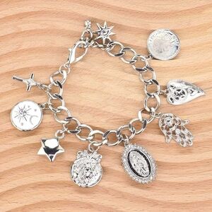 Silver Chain Link Lady Guadalupe Cross Hamsa Heart Star Religious Charm Bracelet